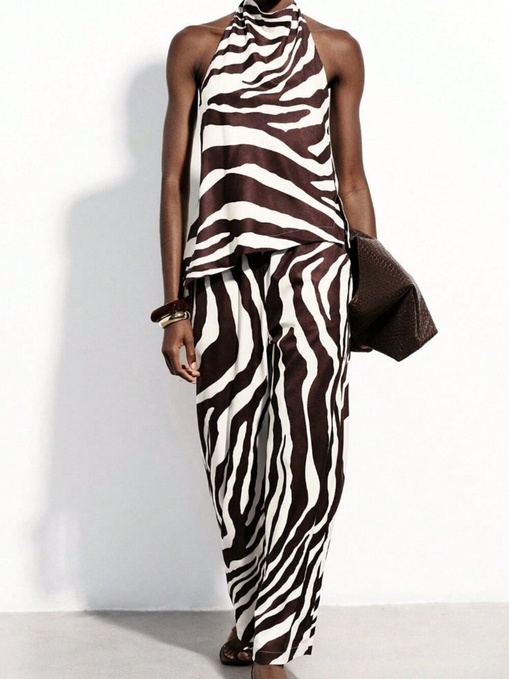 Multicolor Zebra Print Women's Halter Backless Drawstring Wide-Leg Pants Set - Picture 5 of 6